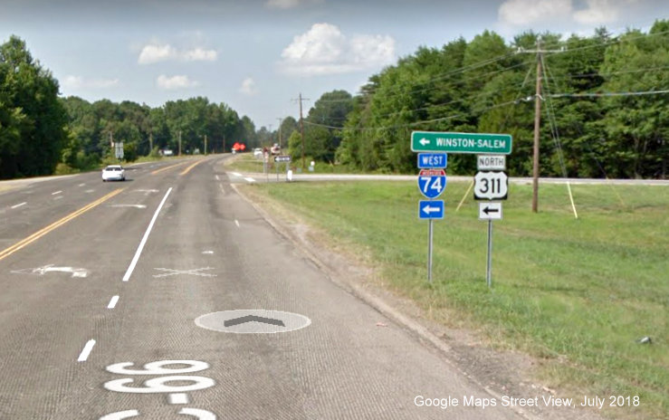 Google Maps Street View image of West I-74/North US 311 ramp trailblazers on NC 66 
        North in Kernersville, taken in July 2018