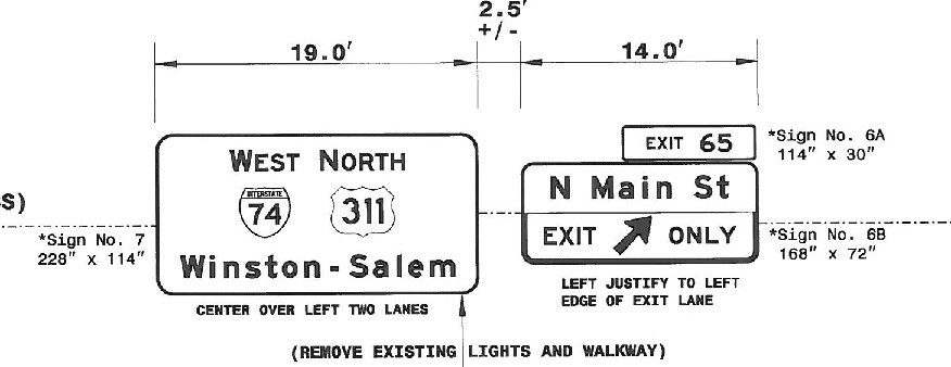 Image of signage plan for I-74 West/US 311 North sign in Guilford County, from NCDOT