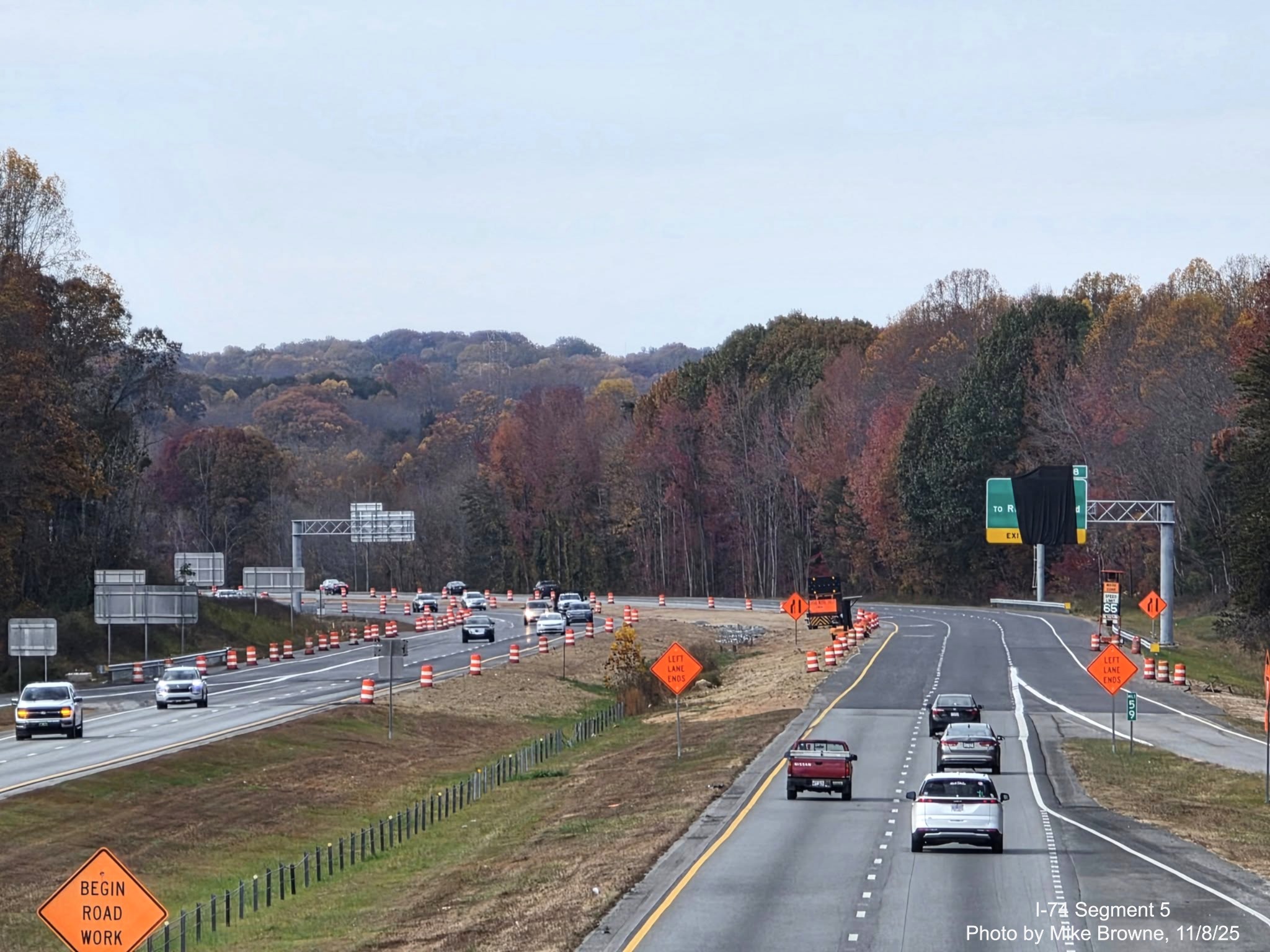 Image of Future NC 192 overhead sign showing the exit number will be 58 on I-74
West beyond Union Cross Road, photo by Mike Browne, November 2025