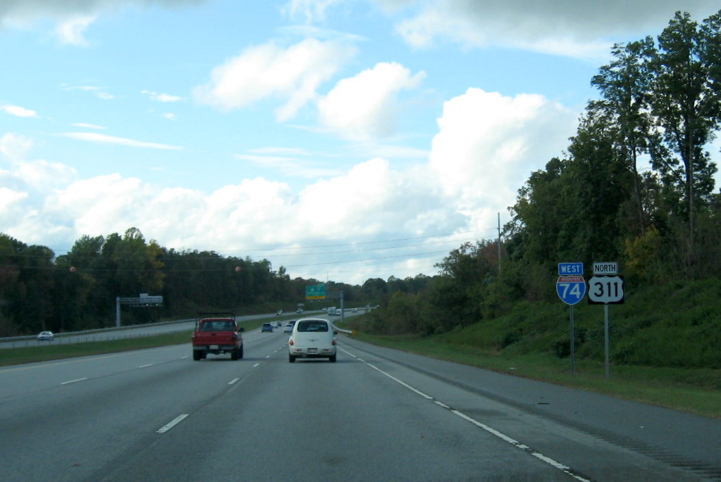 Photo of exit signage on West I-74 approaching the NC 68 interchange in High 
Point, Oct. 2011