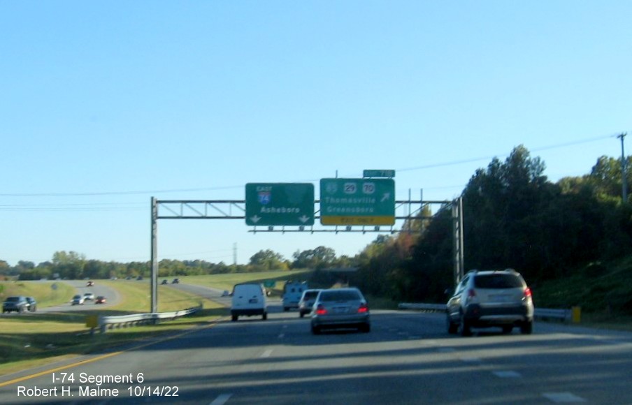 Image of signage at the soon to be former Business 85/US 29 and 70 interchange on I-74 
        East in High Point, October 2022