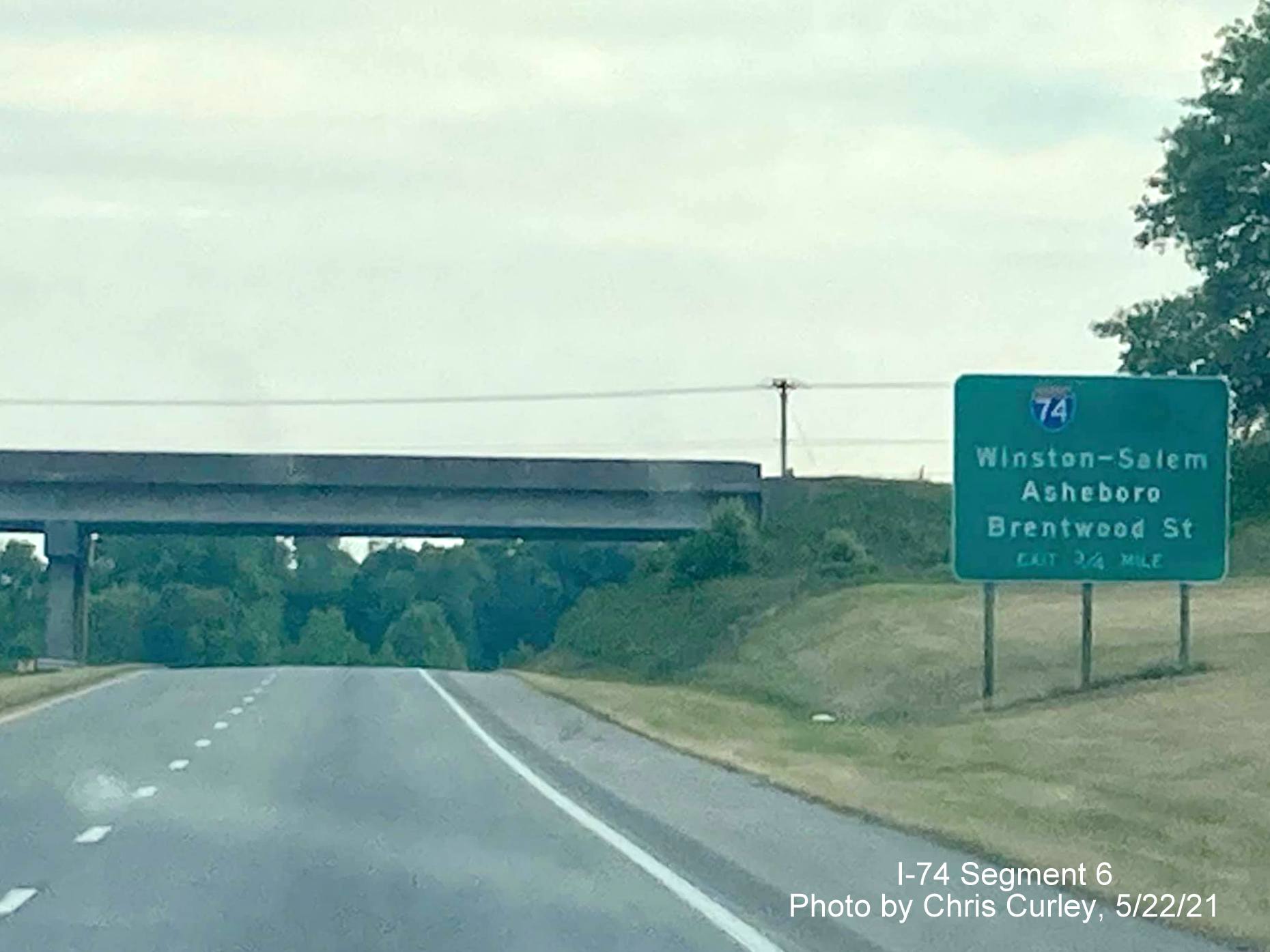 Photo of I-74 exit signage on Business 85 South near High Point, by Chris Curley, May 2021