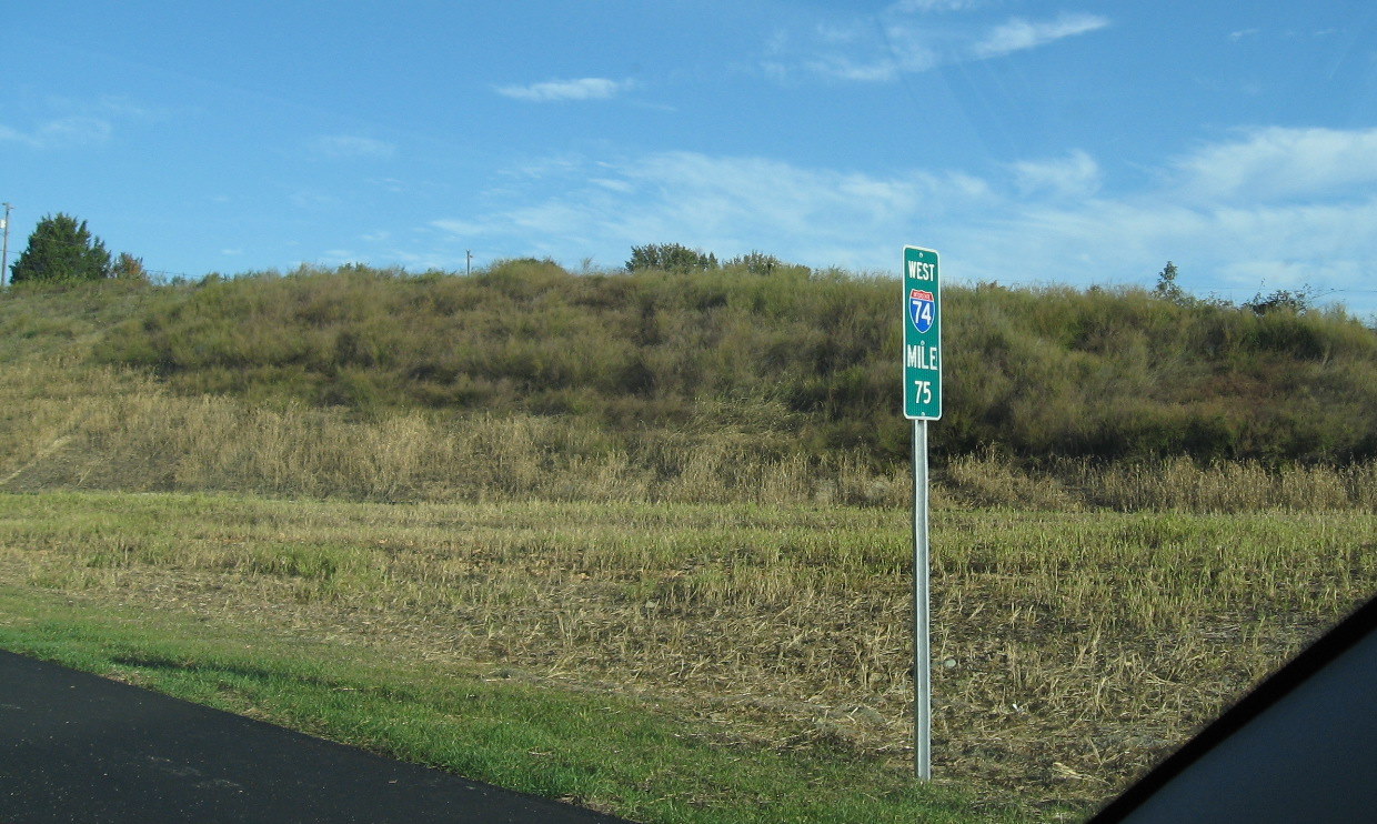 Photo of I-74 West milemarker near I-85 interchange taken prior to the 
opening of the I-74 freeway in Oct. 2010