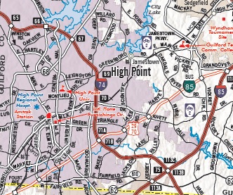 Portion of 2021-2022 NCDOT State Transportation Map, Triad Inset showing I-74 in the High Point area 