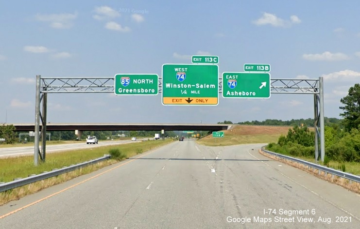 Overhead signage on C/D ramp from I-85 North with US 311 shields removed, Google Maps Street View 
        image, August 2021