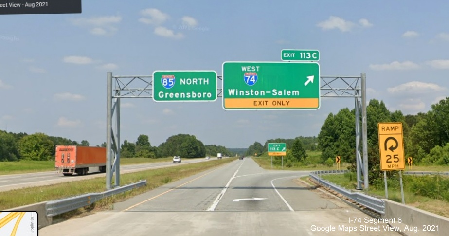Overhead signage on C/D ramp from I-85 North with US 311 shields removed, Google Maps Street View 
        image, August 2021