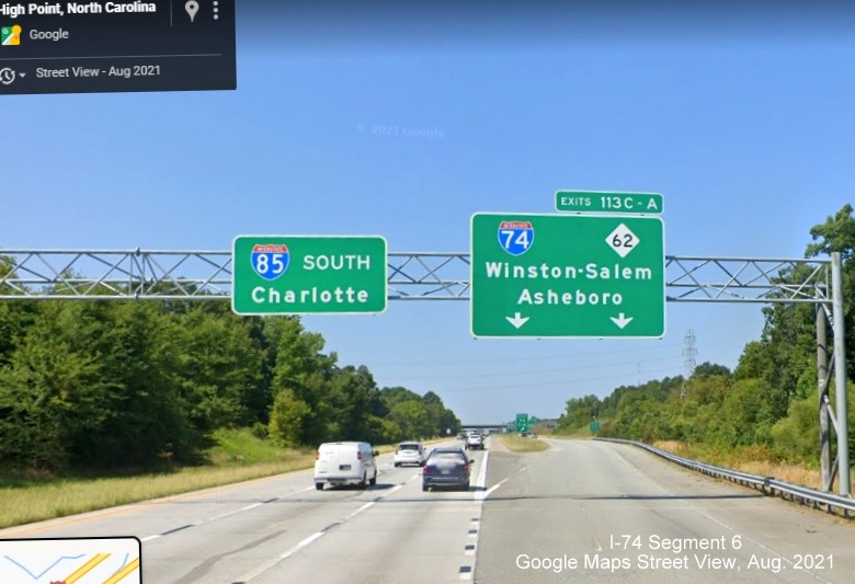 Overhead signage for C/D ramp from I-85 South for I-74 exits with US 311 shields removed, Google Maps Street View 
        image, August 2021
