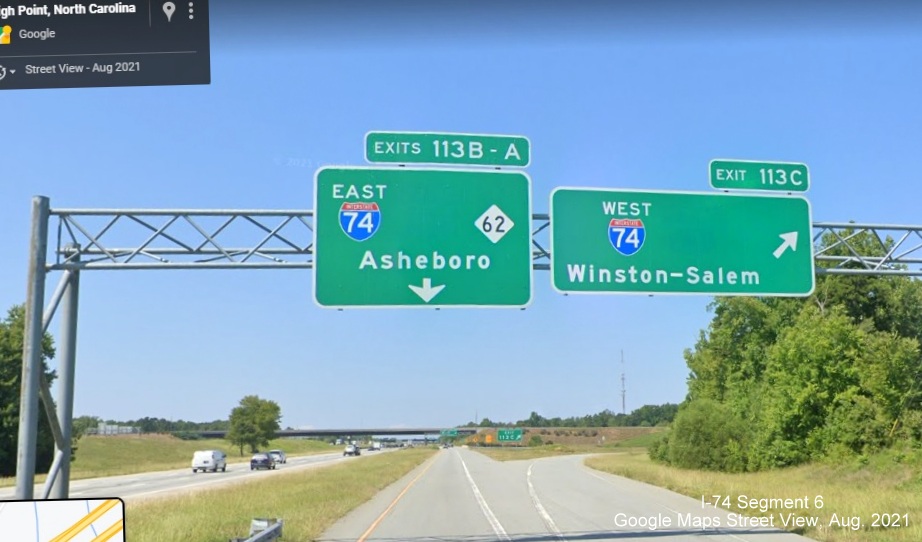 Overhead signage on C/D ramp from I-85 South at I-74 West exit with US 311 shields removed, Google Maps Street View 
        image, August 2021