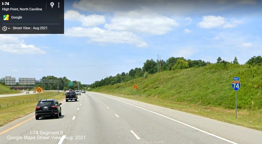 The now standalone West I-74 reassurance marker following the I-85 exit, Google Maps Street View 
        image, August 2021