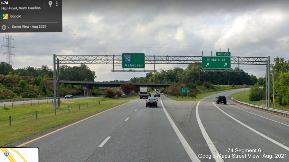 Pull through sign for I-74 East at Main Street exit (Former US 311 Business) without corresponding South US
        311 shield, Google Maps Street View image, July 2021