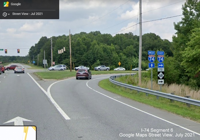 Trailblazer for I-74 East at Main Street exit (Former US 311 Business) without corresponding US
        311 signs, Google Maps Street View image, July 2021