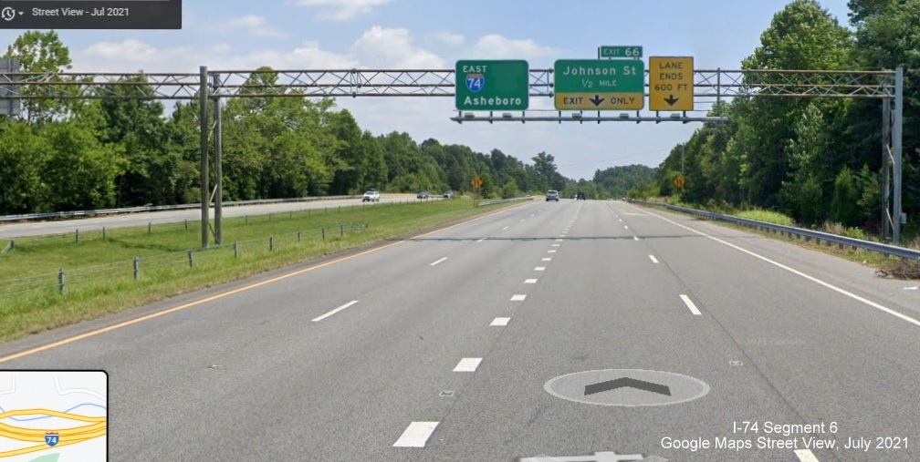 Pull through sign sharing 1/2 mile advance for Johnson Street exit with blank for reference to South US 311 Business) without corresponding US
        311 signs, Google Maps Street View image, August 2021
