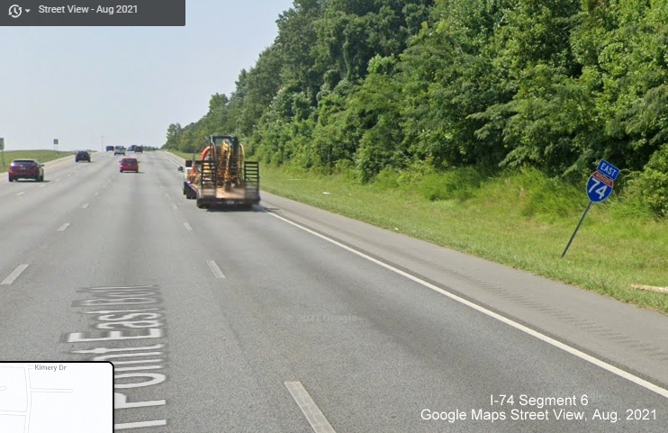 Reassurance marker for I-74 East without taken down South US 311 partner after MLK Jr. Drive exit in
        High Point, Google Maps Street View image, August 2021