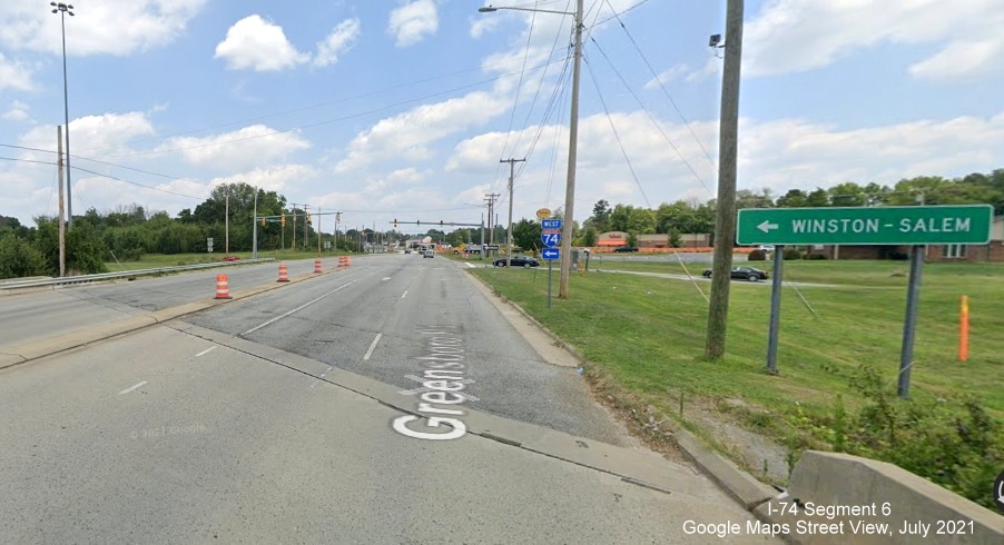 Trailblazer for I-74 West on Greensboro Road east without taken down corresponding US 311 North
        sign, Google Maps Street View image, July 2021