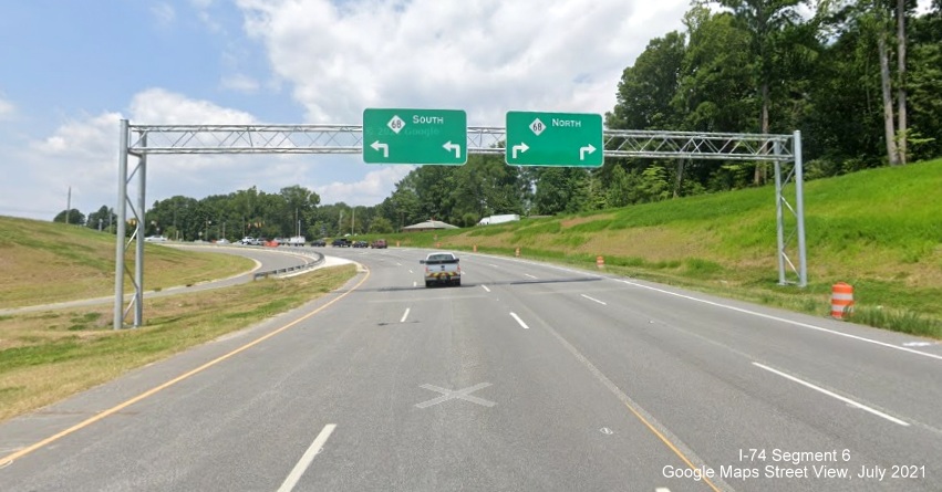 Overhead signage on ramp for NC 68 exit, Google Maps Street View image, July 2021