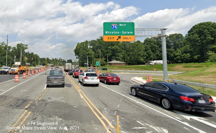 Overhead signage for I-74 West on NC 68 North (Future US 70 East), Google Maps Street View image, July 2021