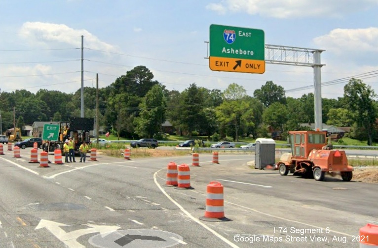 Overhead signage for I-74 East on NC 68 South (Future US 70 West), Google Maps Street View image, July 2021