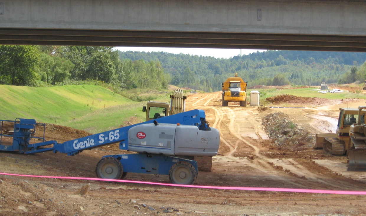 Photo of view south from under the Heath Dairy Road Bridge showing 
progress in constructing the US 220 interchange for future I-74 freeway near Randleman, Oct. 2010