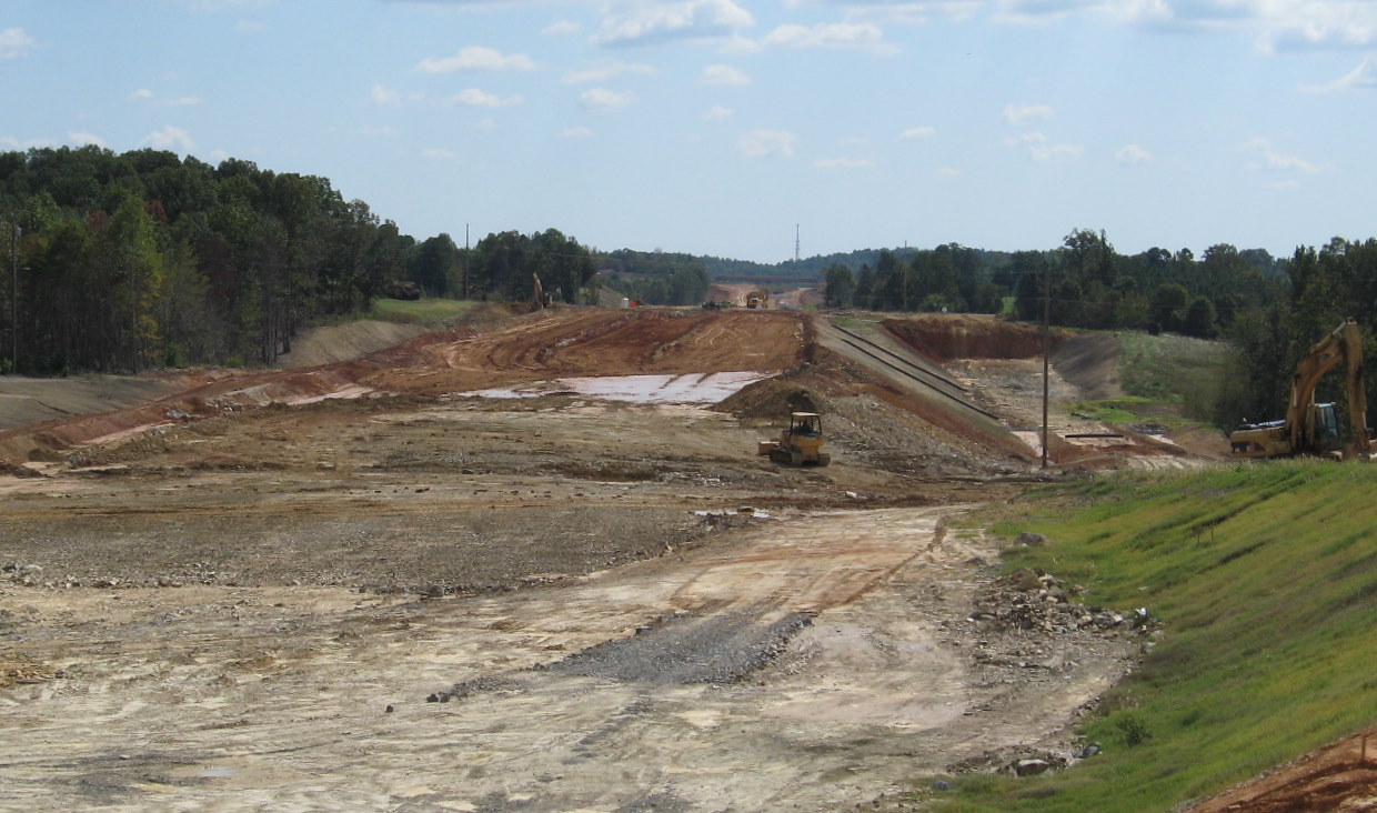 Photo of view south of Plainfield Rd Bridge showing progress in 
grading the future I-74 freeway roadbed in Oct. 2010