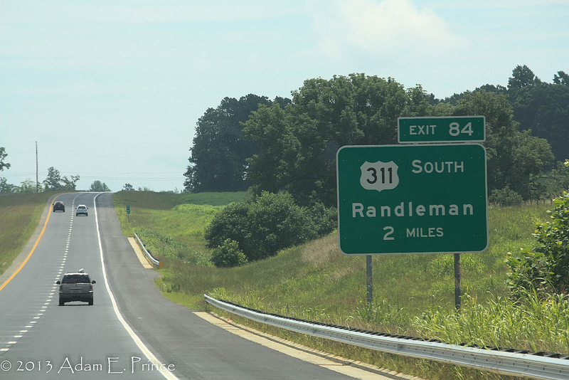 Photo of US 311 exit sign on I-74 freeway near Randleman, photo by Adam Prince