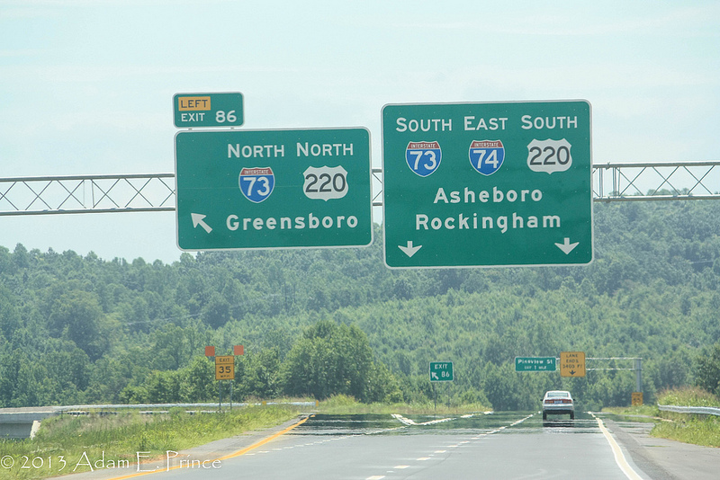 Photo of overhead signage from opened I-74 east freeway near Randleman, by Adam Prince