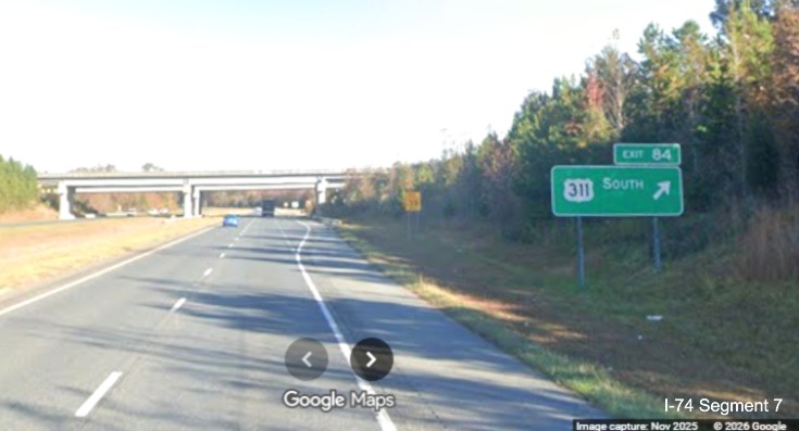Image of US 311 ramp sign on I-74 West in Randolph County, Google Maps Street View, 
        November 2025