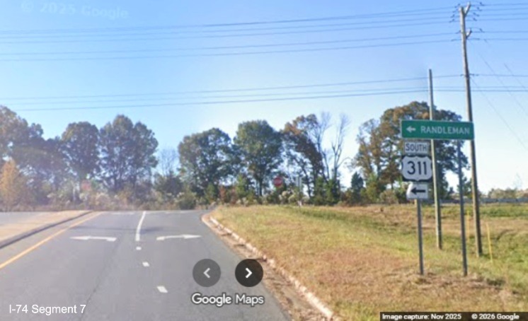 South US 311 trailblazer still up at ramp from I-74 West in Randolph County, 
	  Google Maps Street View, November 2025