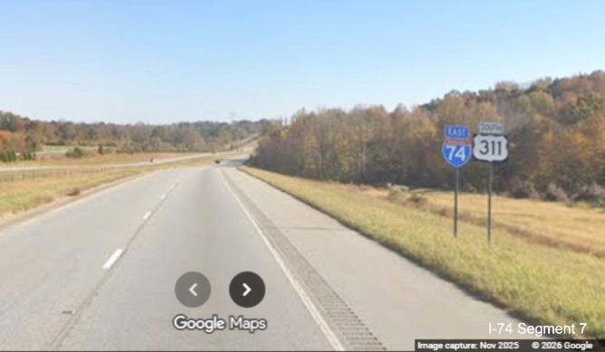 Image of remaining I-74 East/South US 311 reassurance markers after in Randolph 
	  County, Google Maps Street View, November 2025