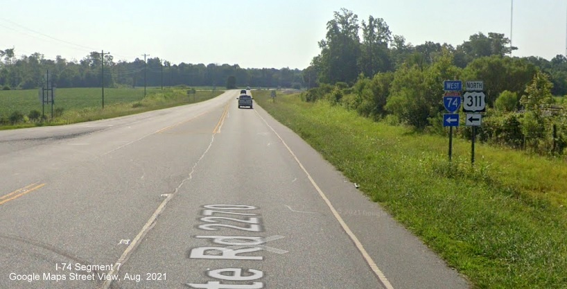 I-74 and US 311 trailblazers at ramp to I-74 West in Randolph County, Google Maps Street View, 
        August 2021