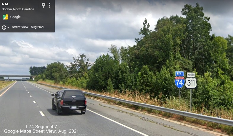 I-74 West and US 311 North reassurance markers in Randolph County, Google Maps Street View, 
        August 2021