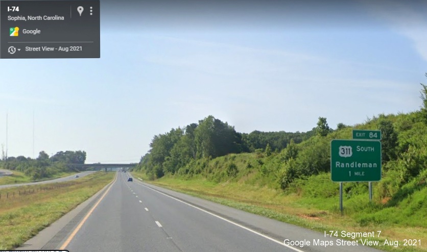 US 311 South remains on 1 mile advance sign for Sophia exit in Randolph County, Google Maps Street View, 
        August 2021