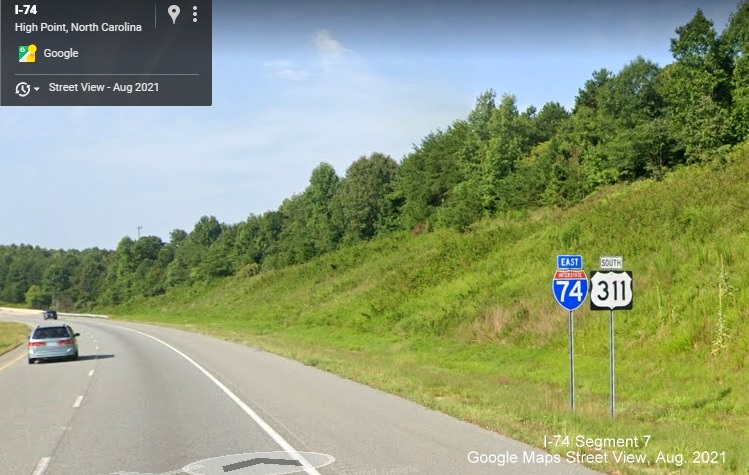 I-74 East and US 311 South reassurance markers in Randolph County, Google Maps Street View, 
        August 2021