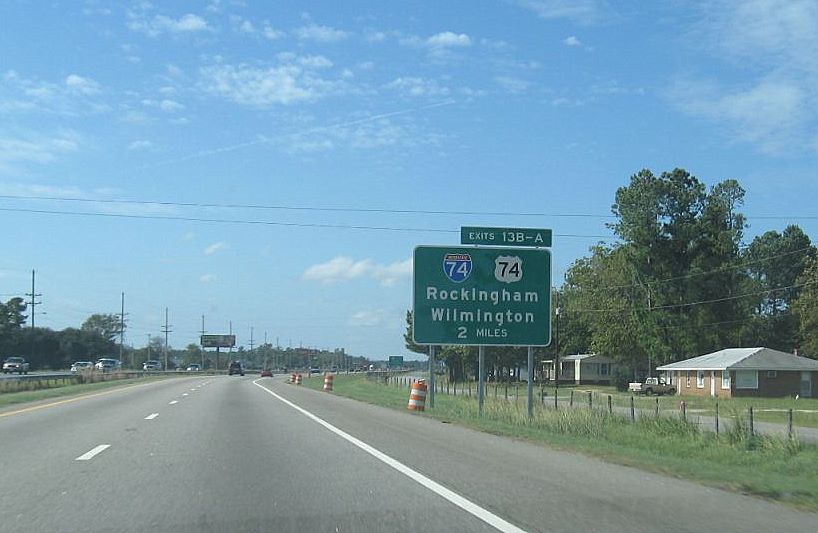 Photo of first I-74 exit sign heading south on I-95 near Lumberton, taken 
in Oct. 2008