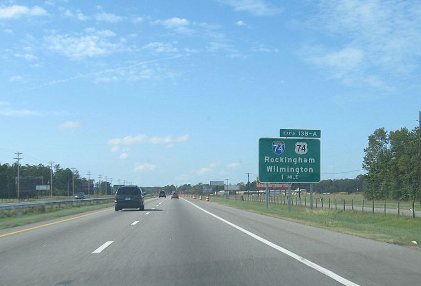 Photo of second exit sign for I-74/US 74 on I-95 South near Lumberton, Oct. 
2008