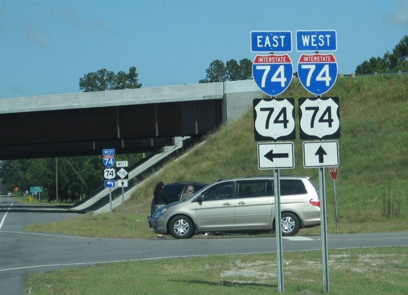 Photo of I-74 ramps in both directions now open at the NC 710 interchange 
near Pembroke, Oct. 2008