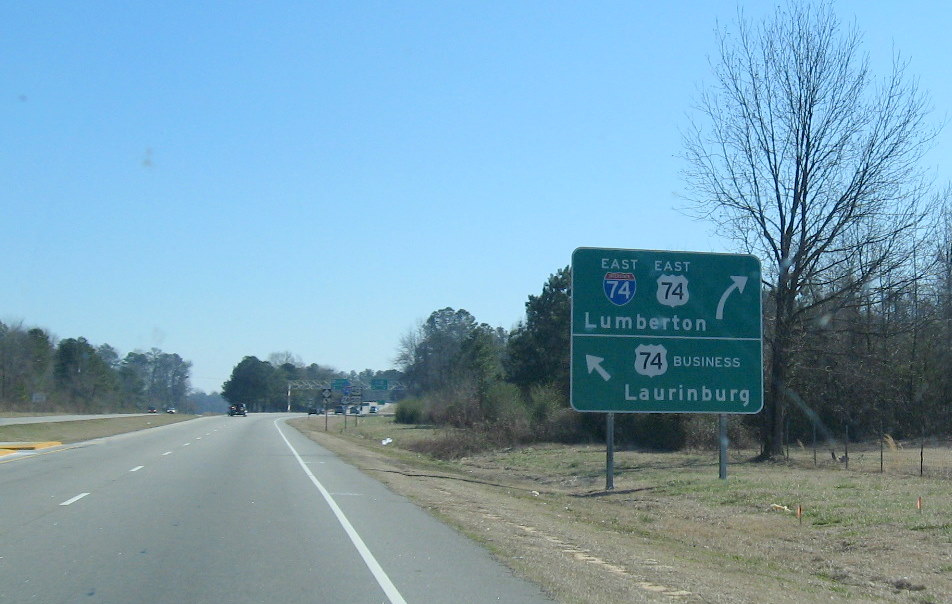 Photo of first sign for Laurinburg Bypass on US 74 East, Feb. 2009