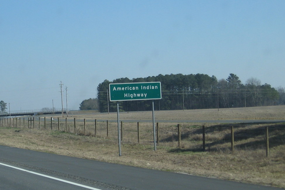 Photo of sign dedicating I-74 as the 'American Indian Highway, Feb. 2009