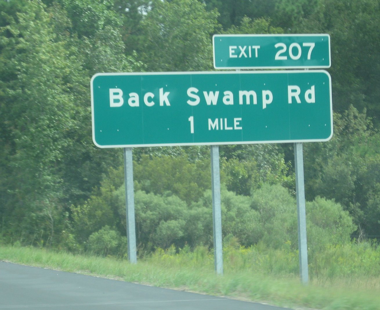 Photo of exit sign on East I-74 for Back Swamp Road in Oct. 2008