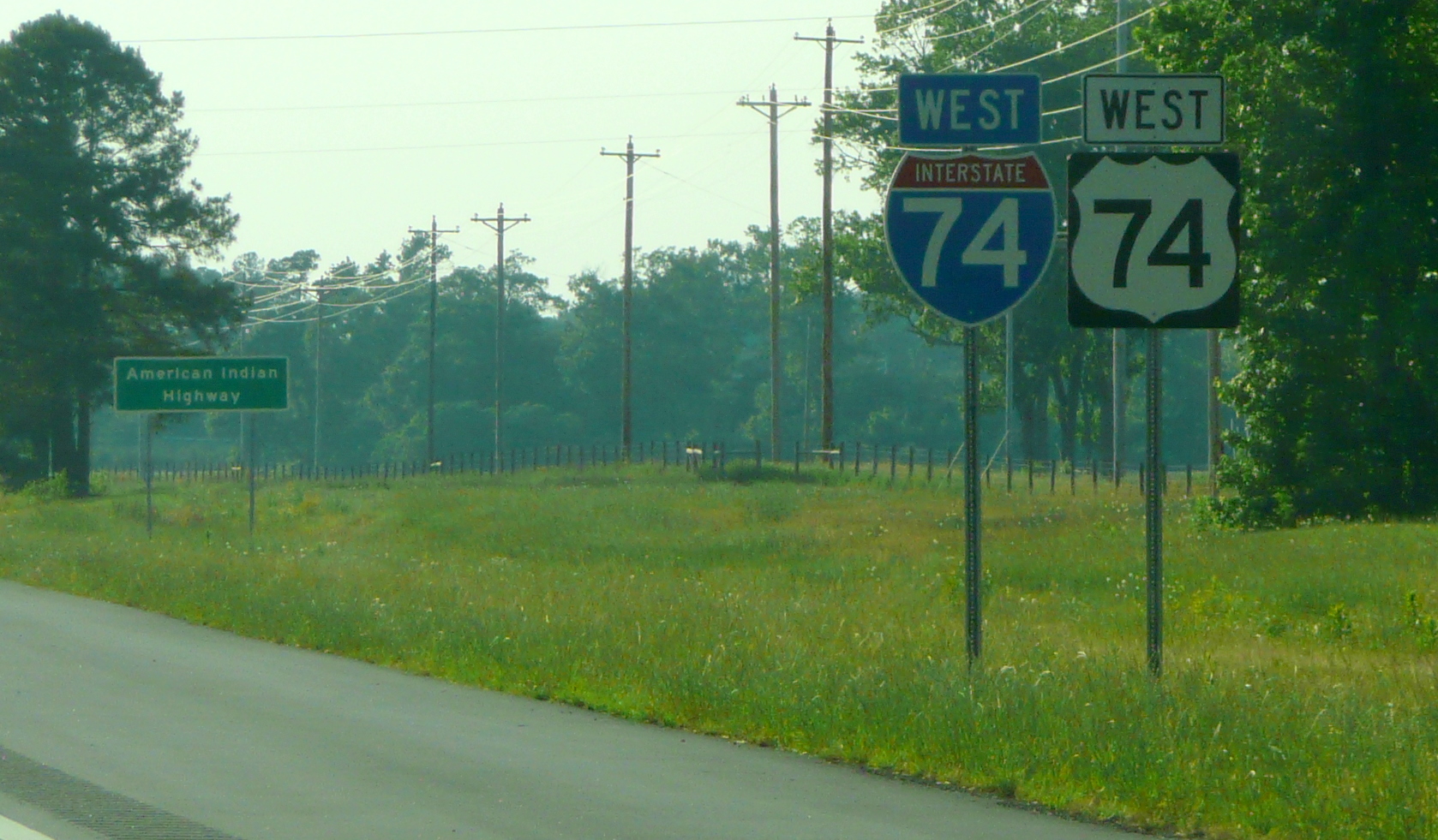 Photo of the first I-74/US 74 reassurance marker beyond the NC 41 exit near 
Lumberton in May 2009, courtesy of James Mast