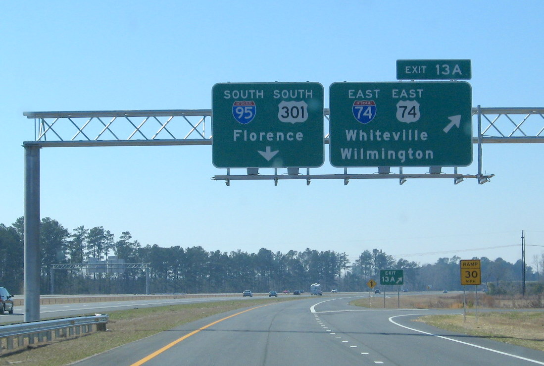 Photo of the East I-74/US 74 on-ramp from the I-95/I-74 interchange near 
Lumberton, Oct. 2008