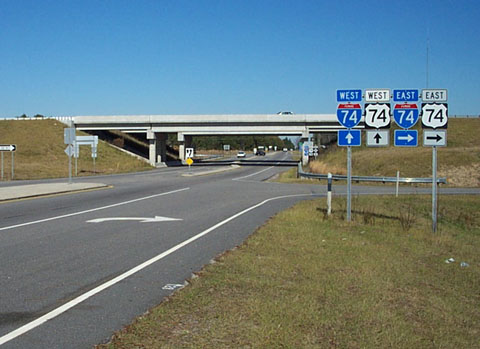 Photo of exit signage for NC 38 on US 74 (Future I-74) Rockingham Bypass