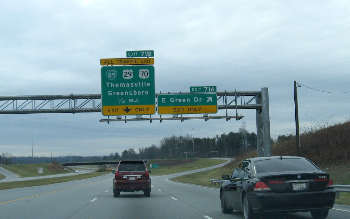 Photo of signage for Business 85 exit before completed third section of High 
Point East Belt freeway, Dec. 2008