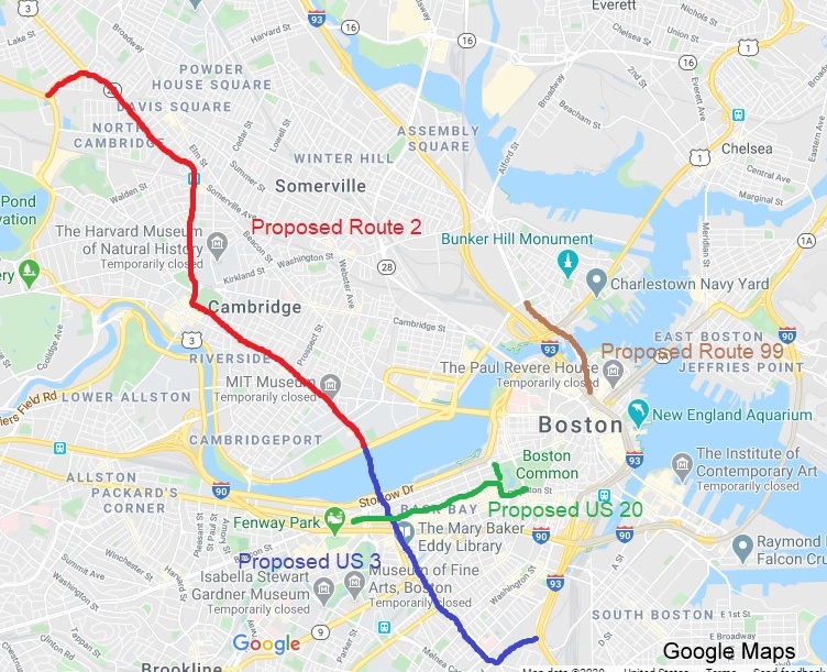 Google map image of suggested route changes in Boston area, created in April 2020
