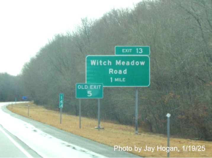 Image of recently placed 1 mile advance sign for Witch Meadow Road exit with new 
	milepost based exit number on CT 11 South in Colchester, by Jay Hogan, January 2025