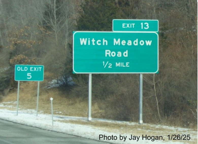 Image of recently placed 1 mile advance sign for Witch Meadow Road exit with new 
	milepost based exit number on CT 11 South in Colchester, by Jay Hogan, January 2025