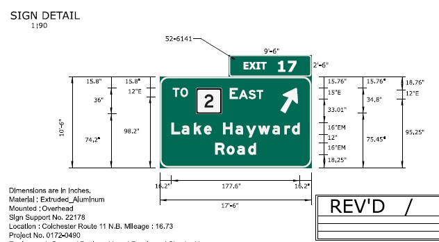 Image of ConnDOT sign plan of exit sign for To East CT 2 on CT 11 North to be placed in 2022
