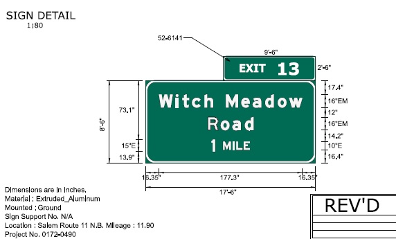 Image of ConnDOT sign plan of 1 mile advance for Witch Meadow Road on CT 11 North to be placed in 2022