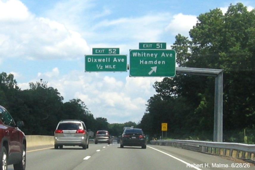 Image of overhead signs at the Whitney Avenue exit, with new milepost 
 based exit numbers on CT 15 North/Cross Parkway in Hamden, June 2026