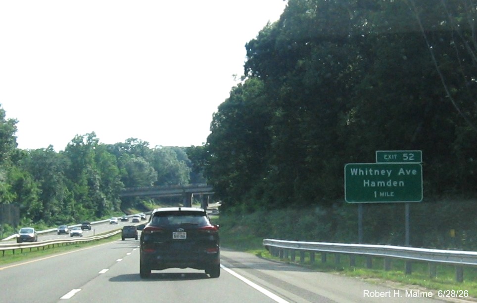 Image of new ground mounted 1 Mile advance sign for the Whitney Avenue exits, with 
 only one exit number, on CT 15 South/Cross Parkway in Hamden, June 2026