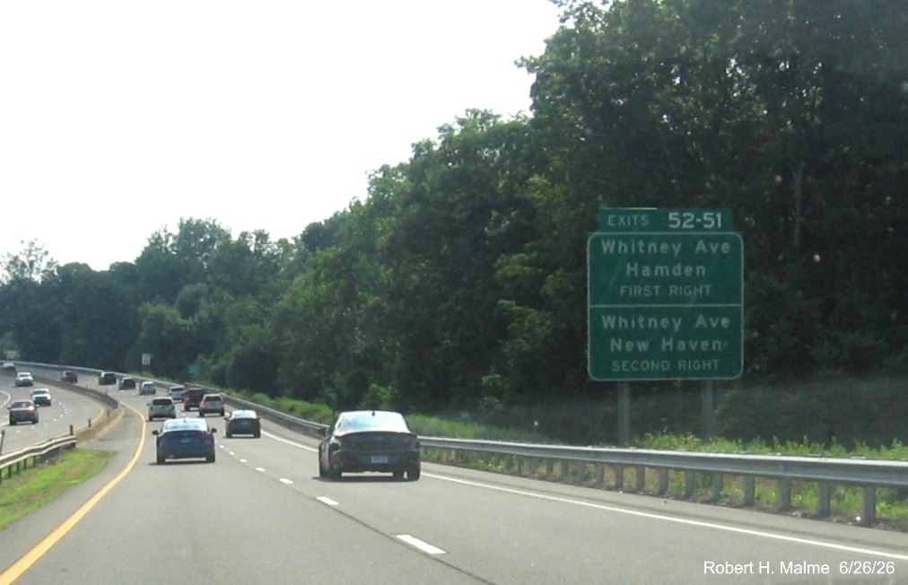 Image of new ground mounted 1/2 Mile advance sign for the Whitney Avenue exits, with 
 two numbers, on CT 15 South/Cross Parkway in Hamden, June 2026